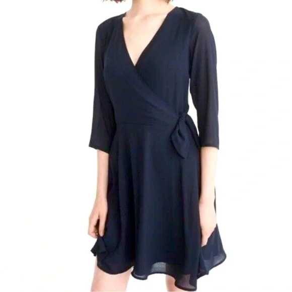 Abercrombie & Fitch Navy Chiffon Wrap Surplice 3/4 Sleeve Dress Large - Picture 3 of 9